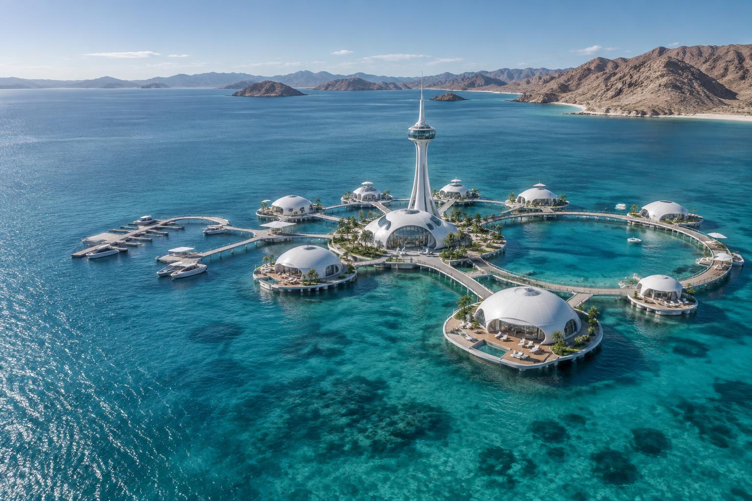 Concept illustration of a proposed floating resort with white dome pavilions, a marina and central tower in the Sea of Cortez